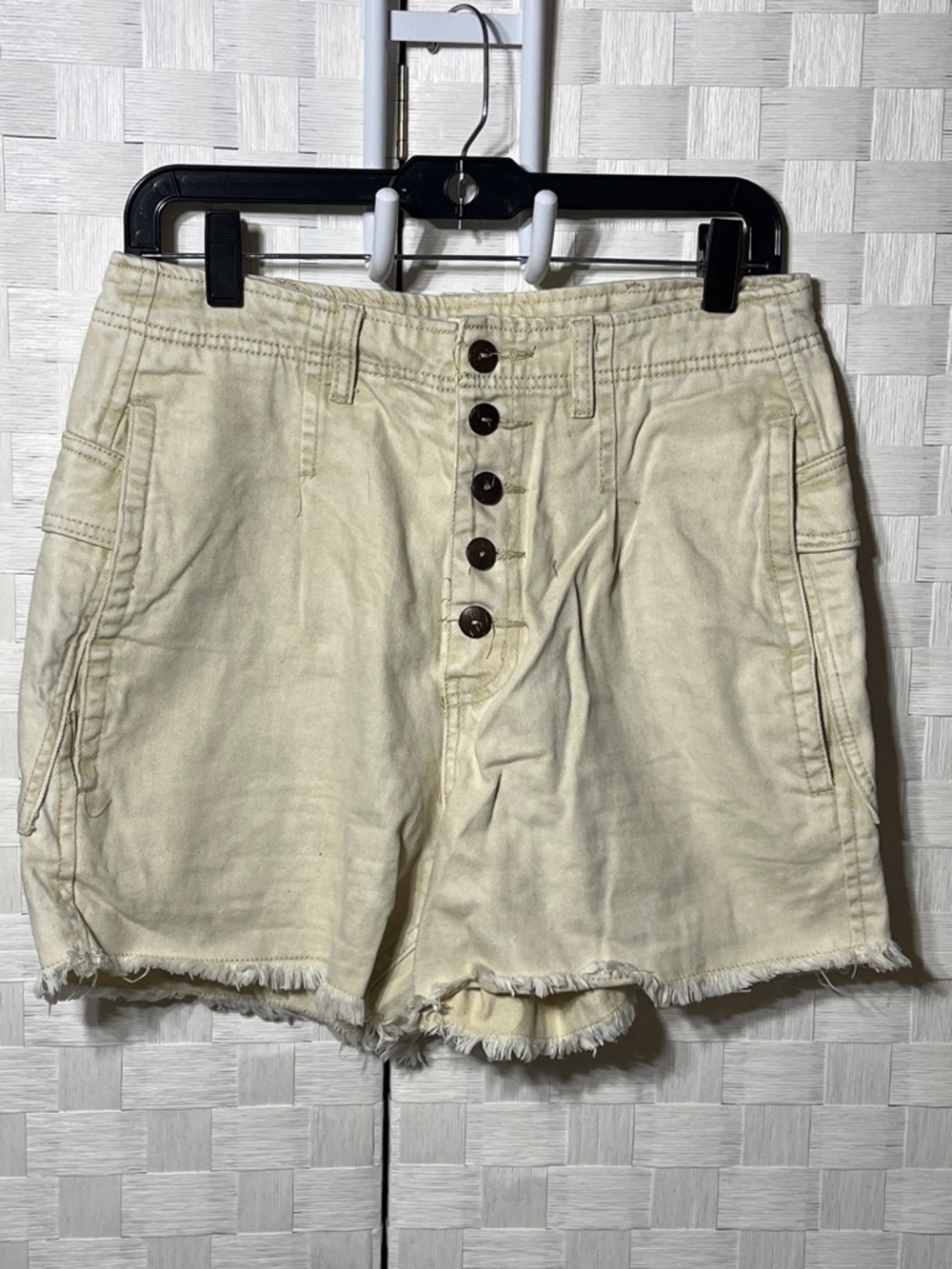 High-Rise Beige Button-Front Jean Distressed Shorts Size M